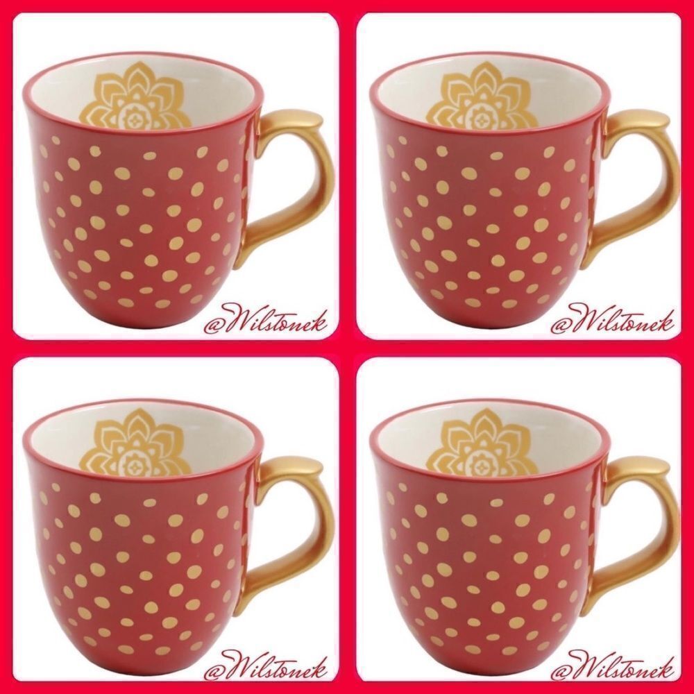 Rare- The Pioneer Woman Set of 4 Holiday Charm Red & Gold Polka Dot Mugs